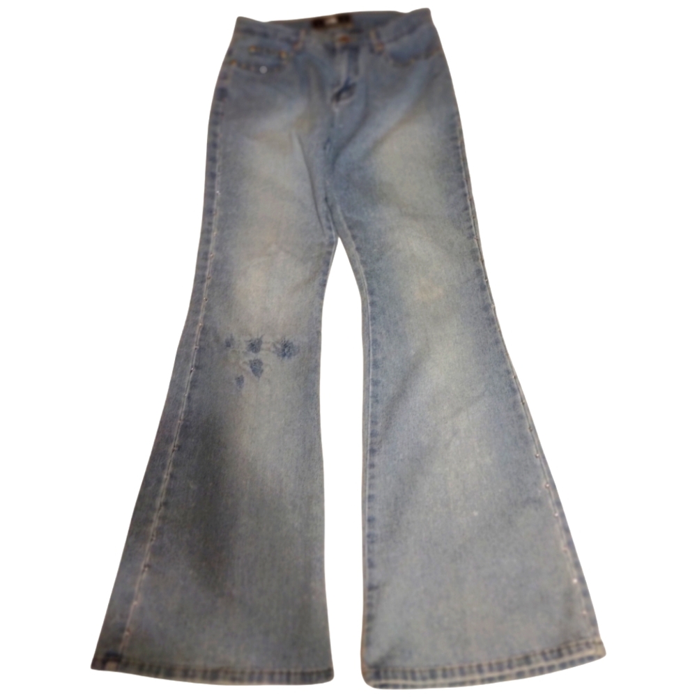 R4R diamond stud low-rise distressed washed denim flare leg blue jeans size 3